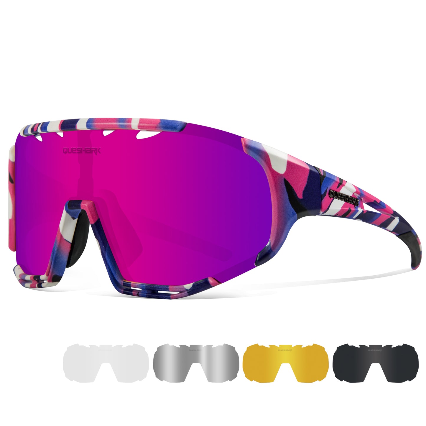 <transcy>Óculos de sol polarizados rosa camuflagem QE55 Óculos de ciclismo masculino e feminino Óculos de direção grandes com 5 lentes</transcy>