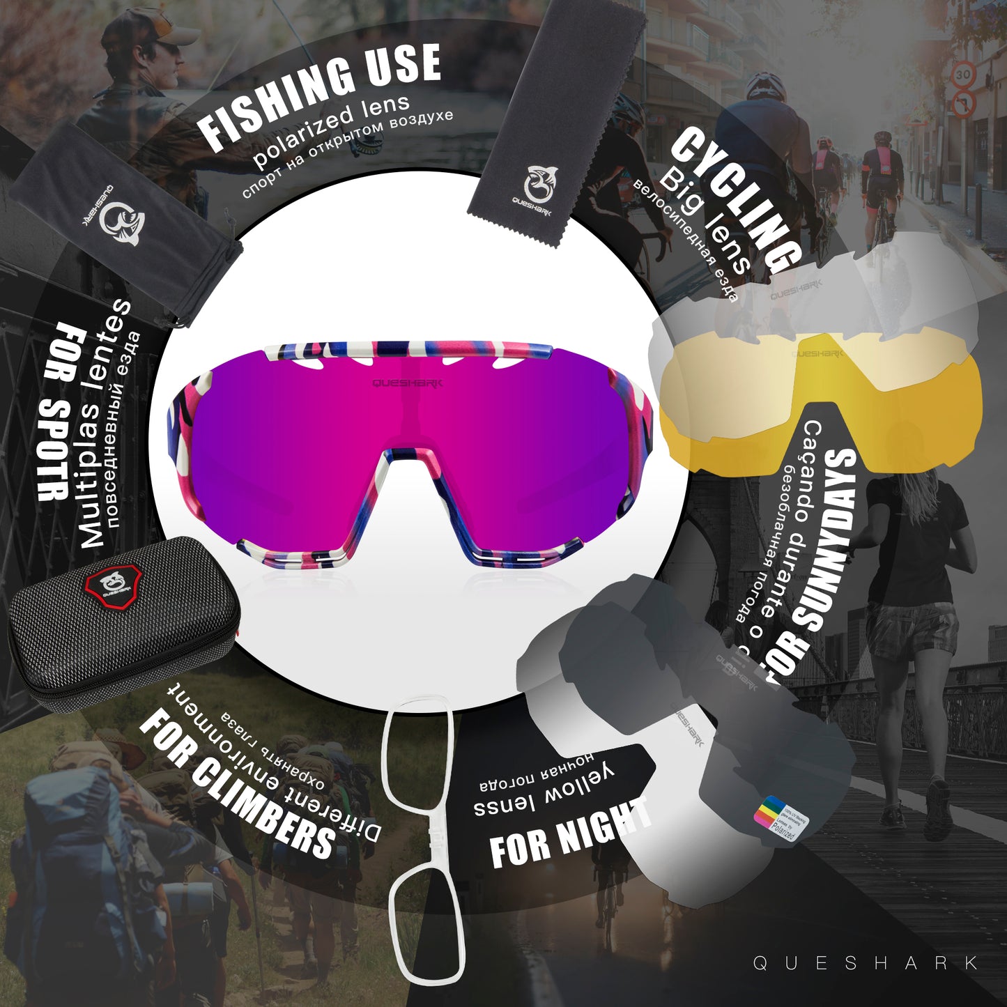 <transcy>Óculos de sol polarizados rosa camuflagem QE55 Óculos de ciclismo masculino e feminino Óculos de direção grandes com 5 lentes</transcy>