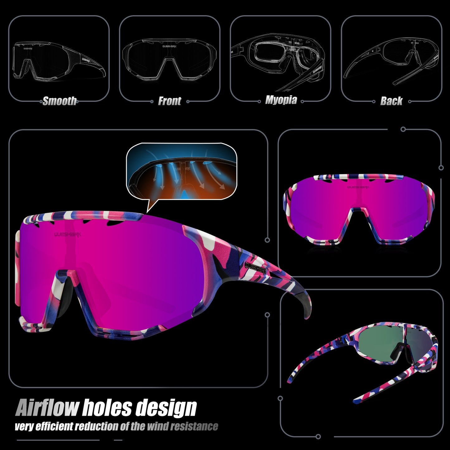 <transcy>Óculos de sol polarizados rosa camuflagem QE55 Óculos de ciclismo masculino e feminino Óculos de direção grandes com 5 lentes</transcy>