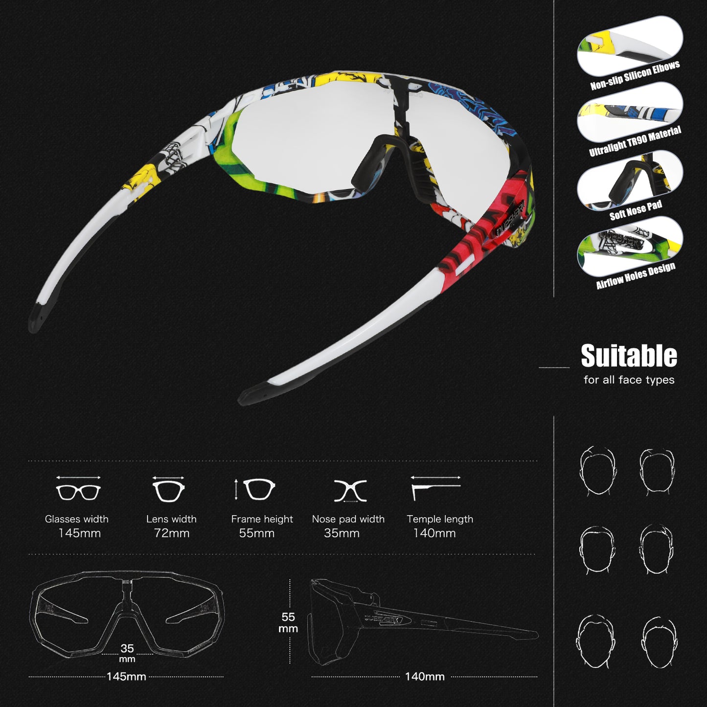 Óculos de sol fotocromáticos QE48 BS Queshark para homens mulheres óculos de segurança para ciclismo proteção UV Esporte ao ar livre MTB YLR