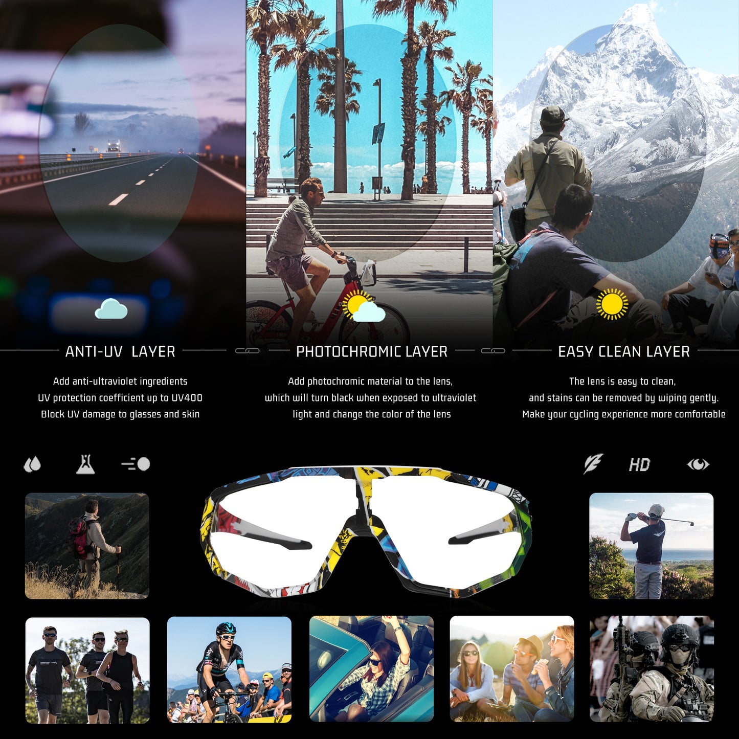 Óculos de sol fotocromáticos QE48 BS Queshark para homens mulheres óculos de segurança para ciclismo proteção UV Esporte ao ar livre MTB YLR