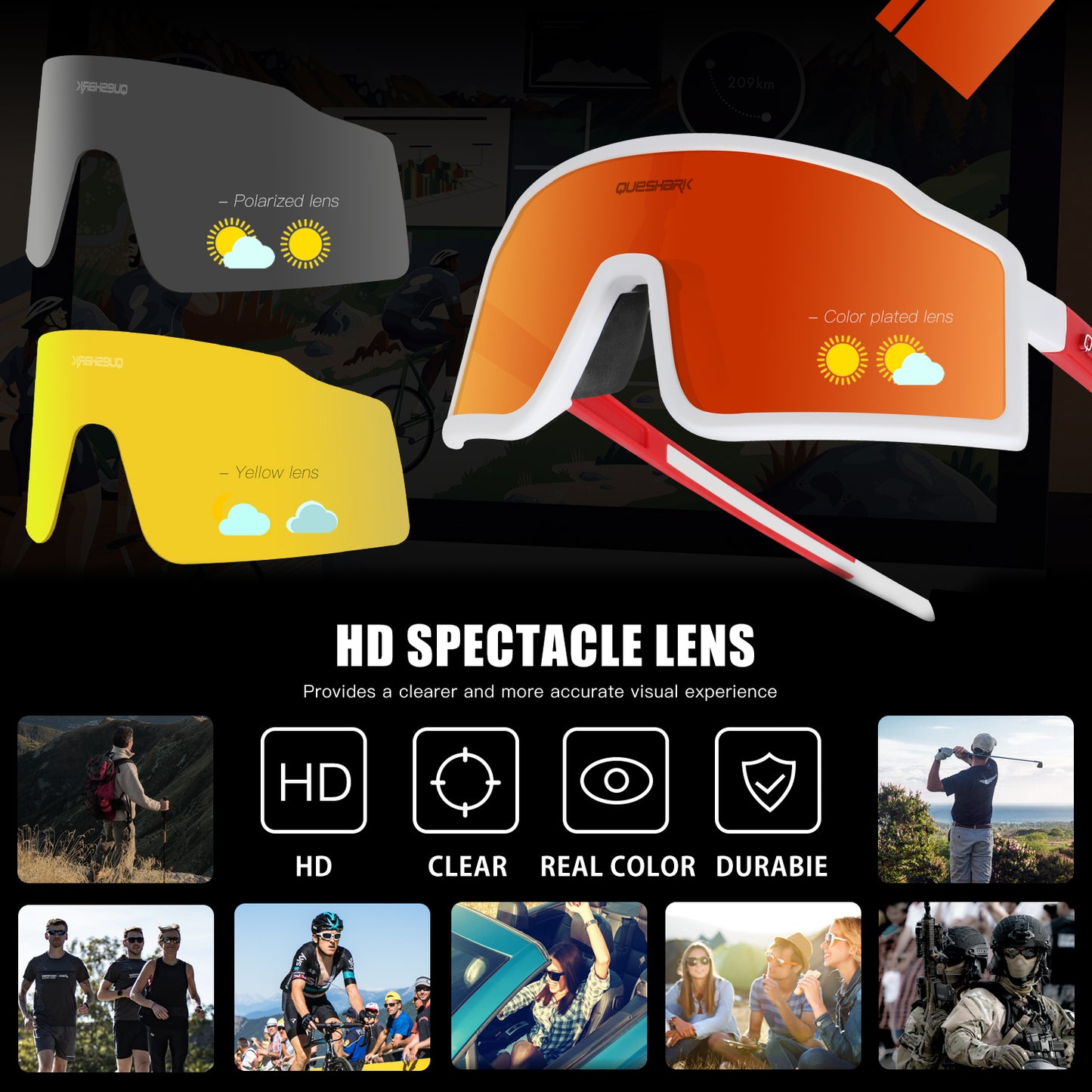 QE54 White Sports Glasses Polarized Bicycle Sunglasses Cycling Eyewear 3 Lens/Set