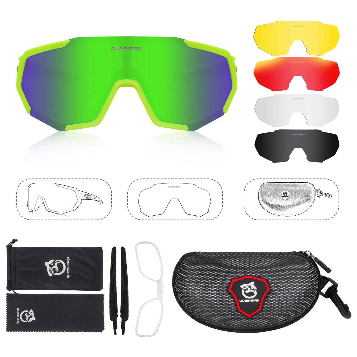 QE48 Green Polarized Glasses Bike Sunglasses Bicycle Goggles Cycling Eyewear UV400 5 Lens/Set