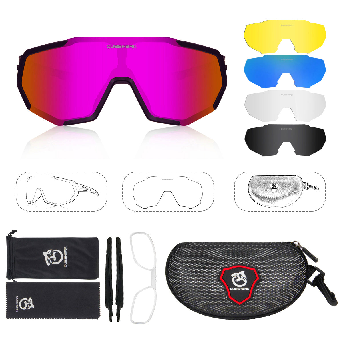 QE48 Black Pink Polarized Glasses Bike Sunglasses Bicycle Goggles Cycling Eyewear UV400 5 Lens/Set