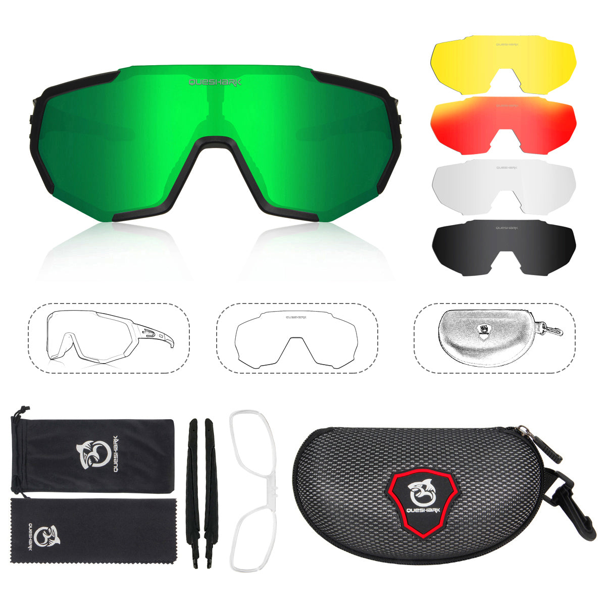 <transcy>QE48 noir vert lunettes polarisées vélo lunettes de soleil lunettes de vélo lunettes de cyclisme UV400 5 lentille/ensemble</transcy>