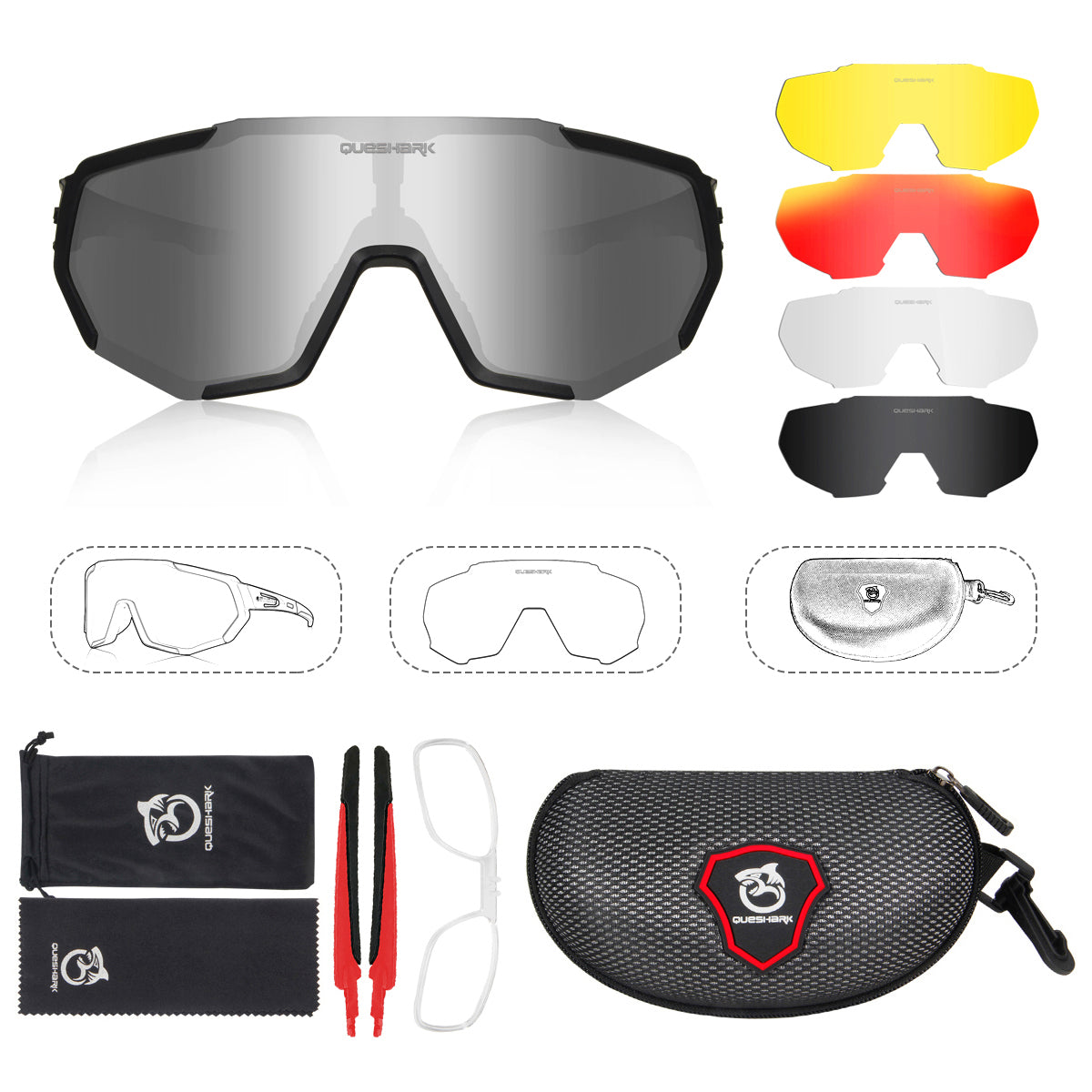 QE48 Óculos polarizados pretos para bicicleta Óculos de sol para bicicleta Óculos de ciclismo UV400 5 lentes / conjunto