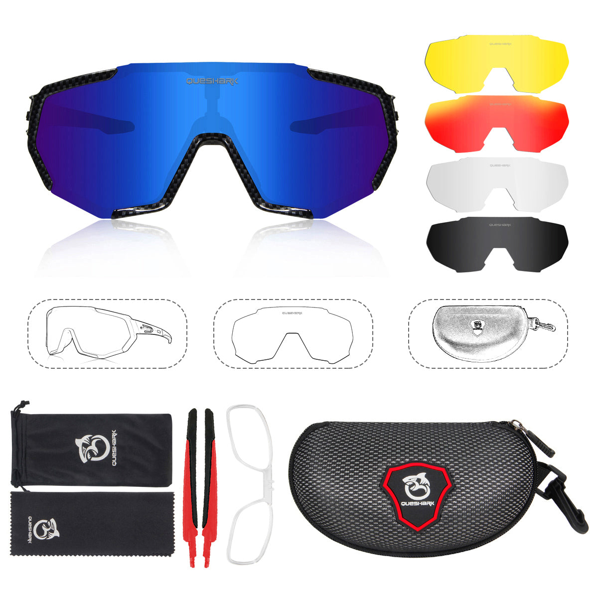 QE48 Carbon Fiber Black Polarized Glasses Bike Sunglasses Bicycle Goggles Cycling Eyewear UV400 5 Lens/Set
