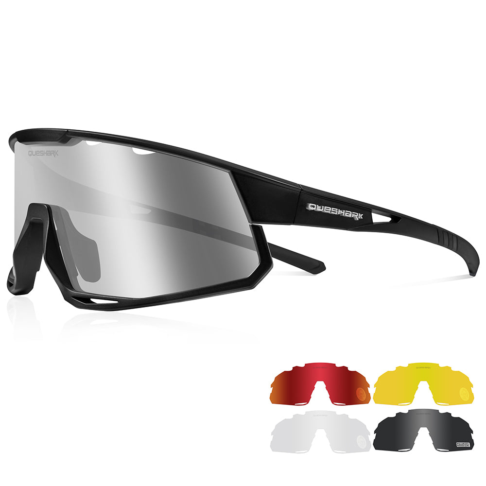 QE56 Gafas de sol polarizadas negras Gafas de ciclismo Hombres Mujeres Gafas de conducción de gran tamaño con 5 lentes