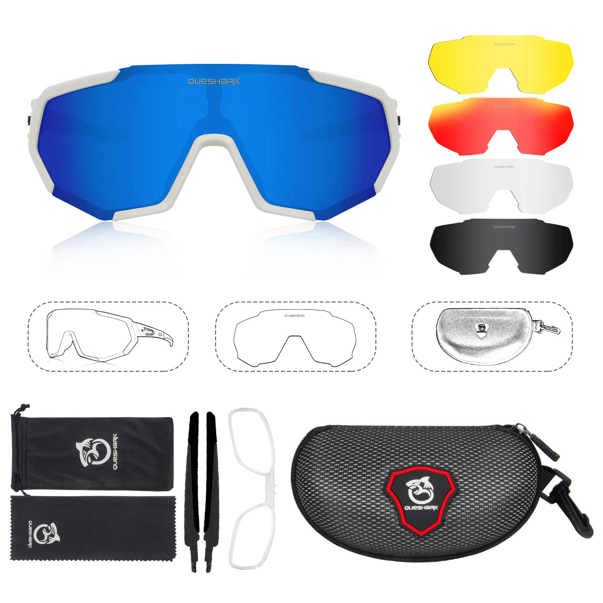 <transcy>QE48 Gafas de sol de bicicleta polarizadas blancas Gafas de bicicleta Gafas de ciclismo UV400 5 lentes / juego</transcy>
