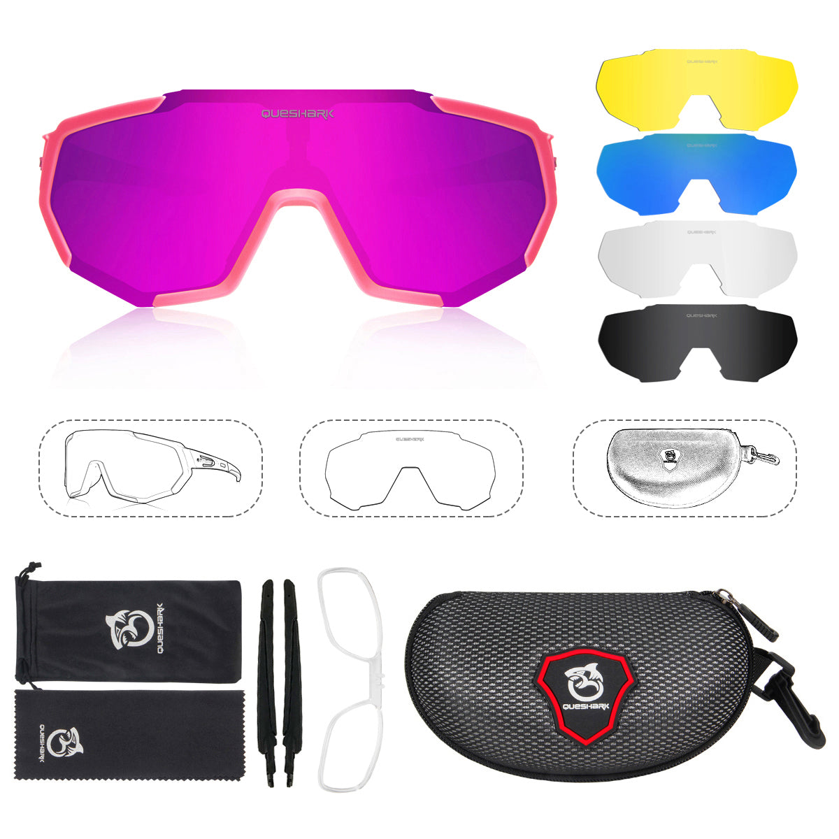 QE48 Pink Polarized Glasses Bike Sunglasses Bicycle Goggles Cycling Eyewear UV400 5 Lens/Set