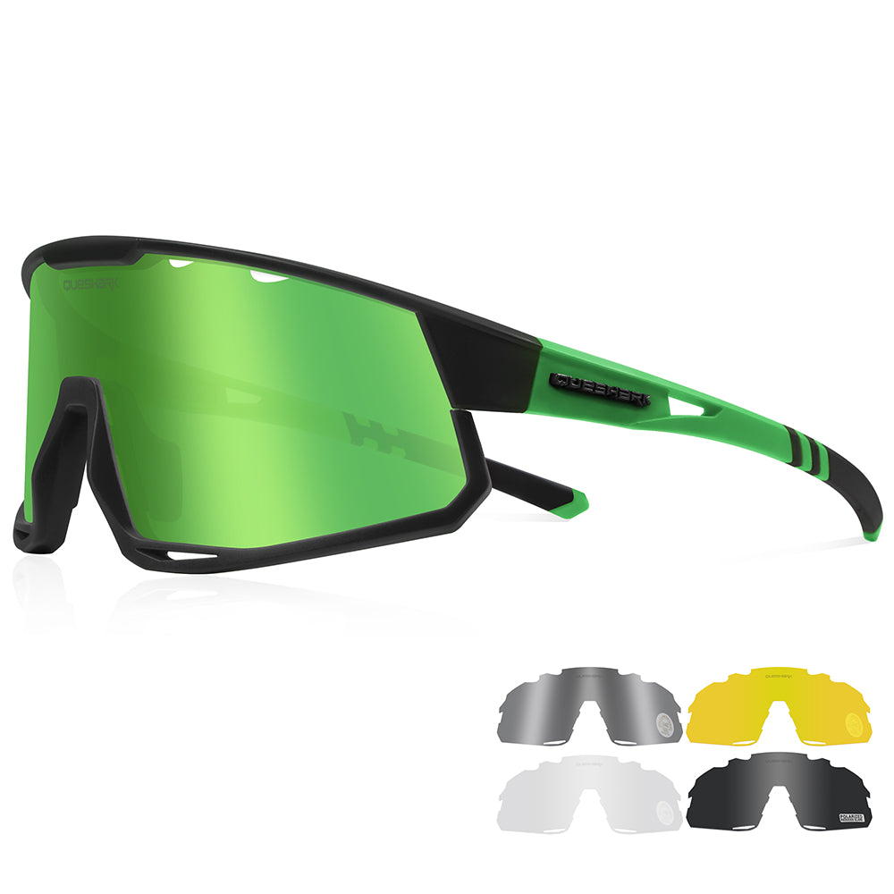 QE56 Gafas de sol polarizadas verdes Gafas de ciclismo Hombres Mujeres Gafas de conducción de gran tamaño con 5 lentes