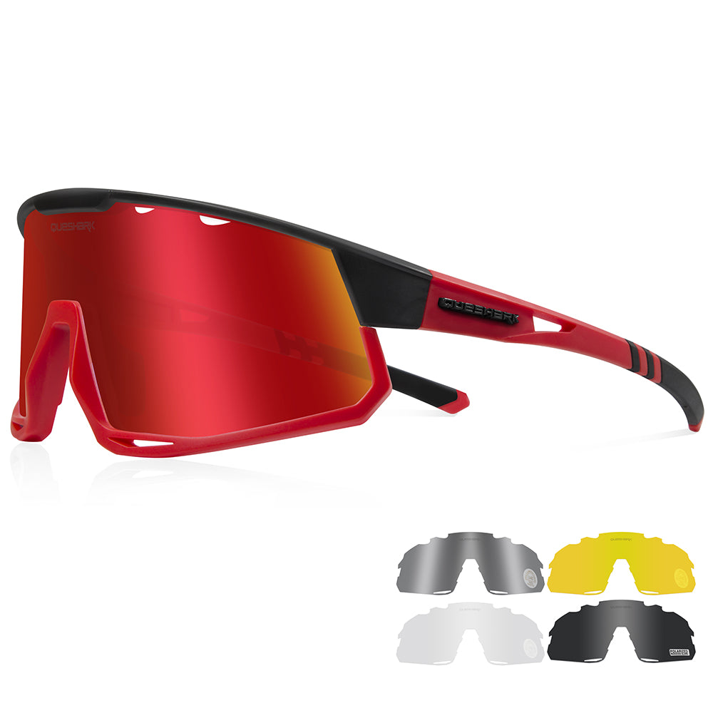 Óculos de sol polarizados vermelhos QE56 Óculos de ciclismo masculino e feminino Óculos de direção grandes com 5 lentes
