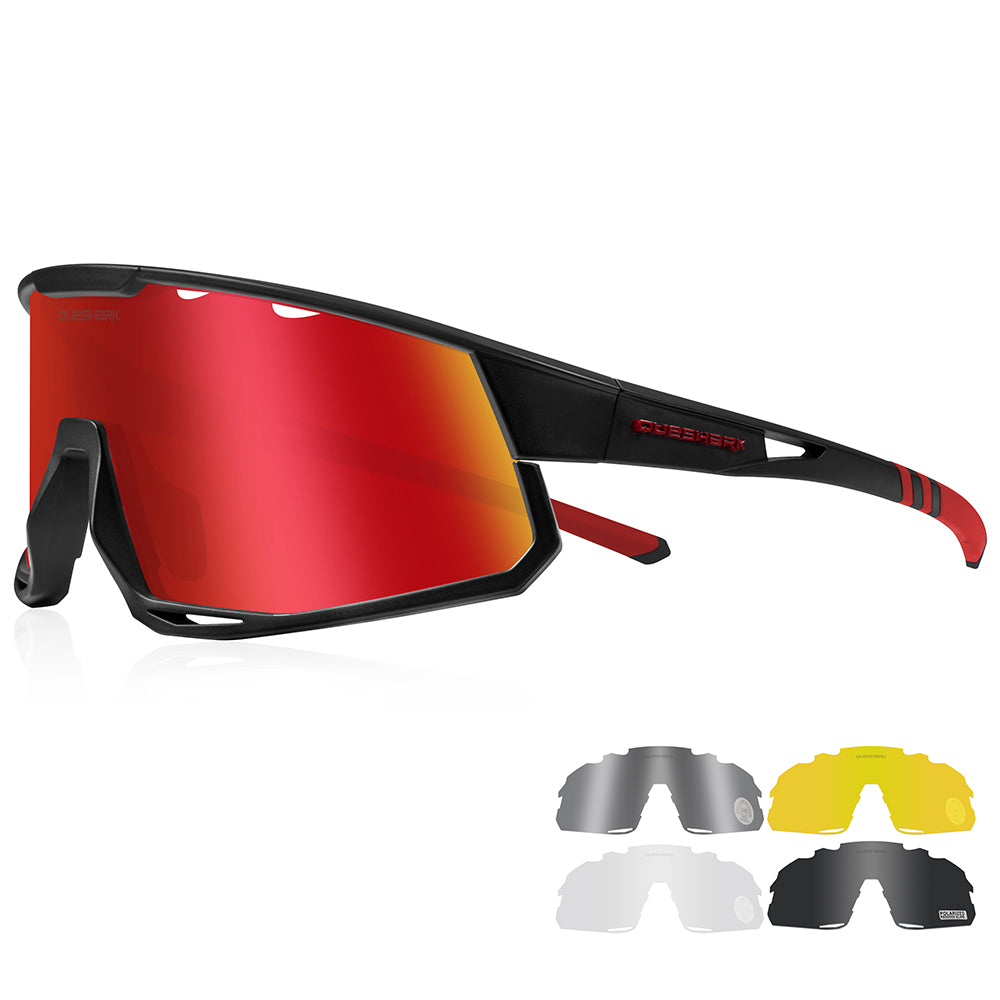 Óculos de sol polarizados pretos vermelho QE56 Óculos de ciclismo masculino e feminino Óculos de direção grandes com 5 lentes