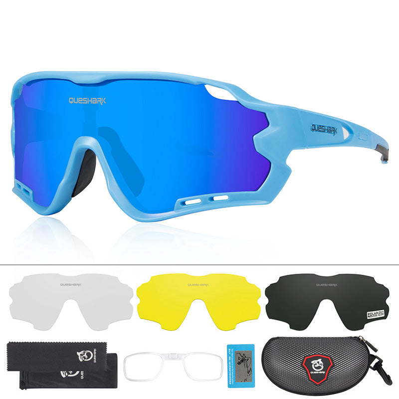 QE44 Blue Polarized Cycling Sunglasses UV400 Bike Glasses Sport Eyewear for Men Women 4 Lens