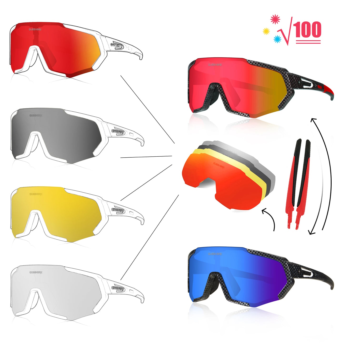 <transcy>QE48 Fibra de carbono Óculos polarizados pretos para bicicleta Óculos de sol para bicicleta Óculos de ciclismo UV400 5 lentes / conjunto</transcy>
