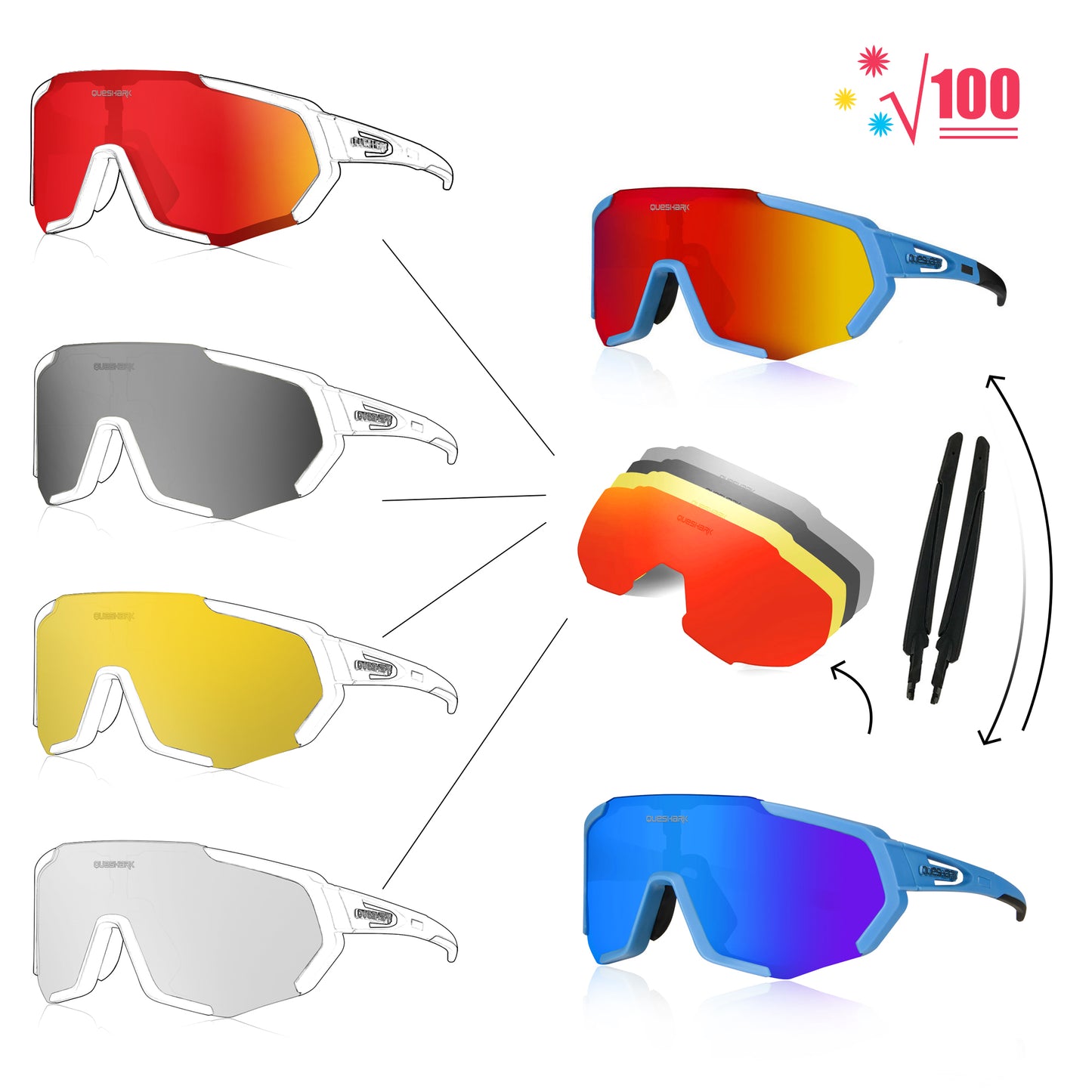 <transcy>QE48 bleu lunettes polarisées vélo lunettes de soleil lunettes de vélo lunettes de cyclisme UV400 5 lentille/ensemble</transcy>