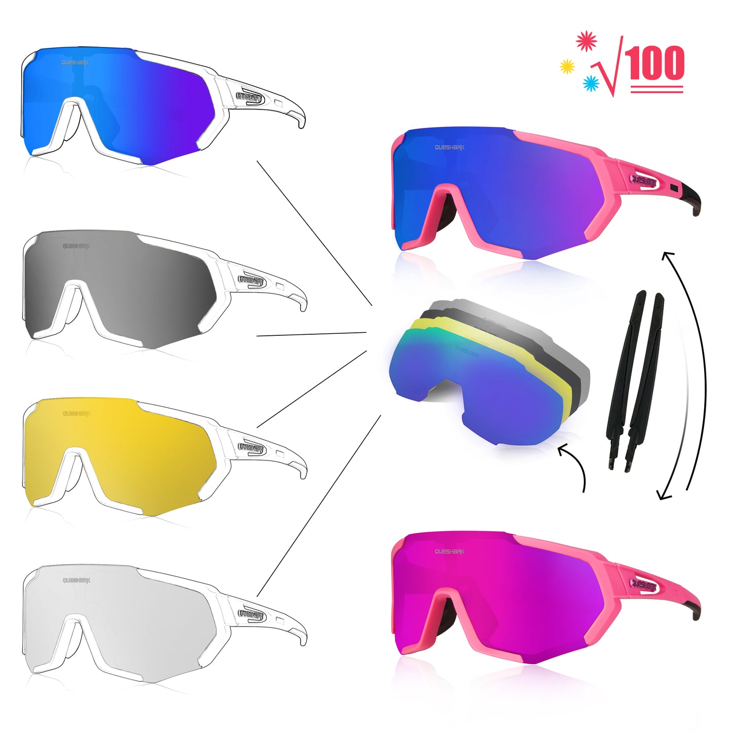QE48 Pink Polarized Glasses Bike Sunglasses Bicycle Goggles Cycling Eyewear UV400 5 Lens/Set