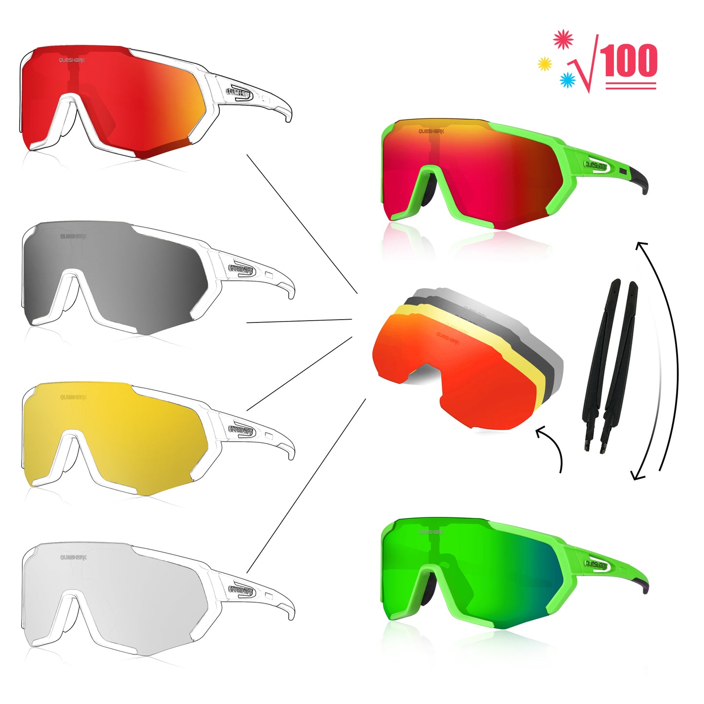 <transcy>QE48 Gafas polarizadas verdes Gafas de sol para bicicleta Gafas para bicicleta Gafas para ciclismo UV400 5 lentes / juego</transcy>
