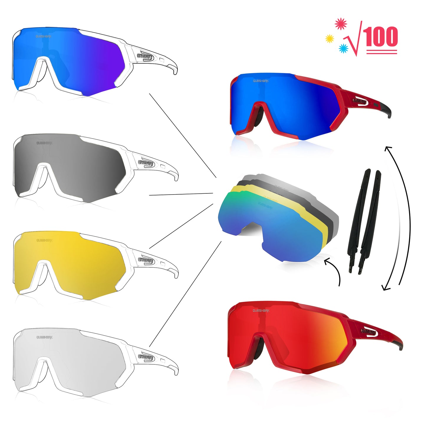 <transcy>QE48 lunettes polarisées rouges lunettes de soleil de vélo lunettes de vélo lunettes de cyclisme UV400 5 lentille/ensemble</transcy>