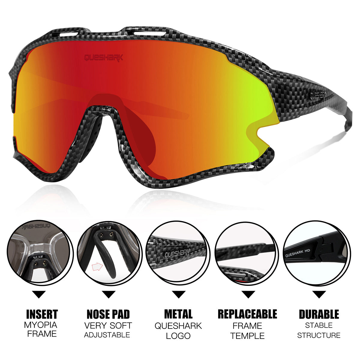 QE51 Carbon Fiber Black UV400 Cycling Glasses Bike Sunglasses 1 Polarized 3 HD Lens
