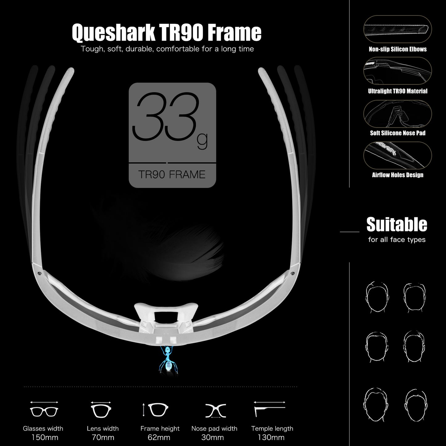 <transcy>QE52 ​​Schwarz Polarisierte Fahrradbrille Herren Damen Sport Sonnenbrille mit austauschbarem Rahmen/Gläser</transcy>