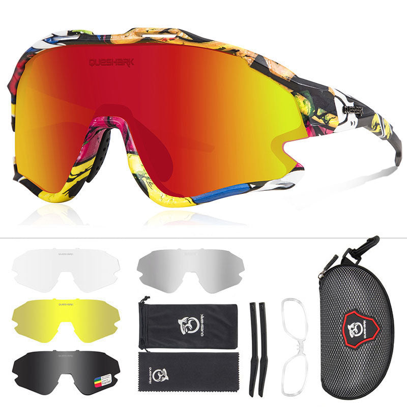 QE51 Colorful Red UV400 Cycling Glasses Bike Sunglasses 1 Polarized 3 HD Lens