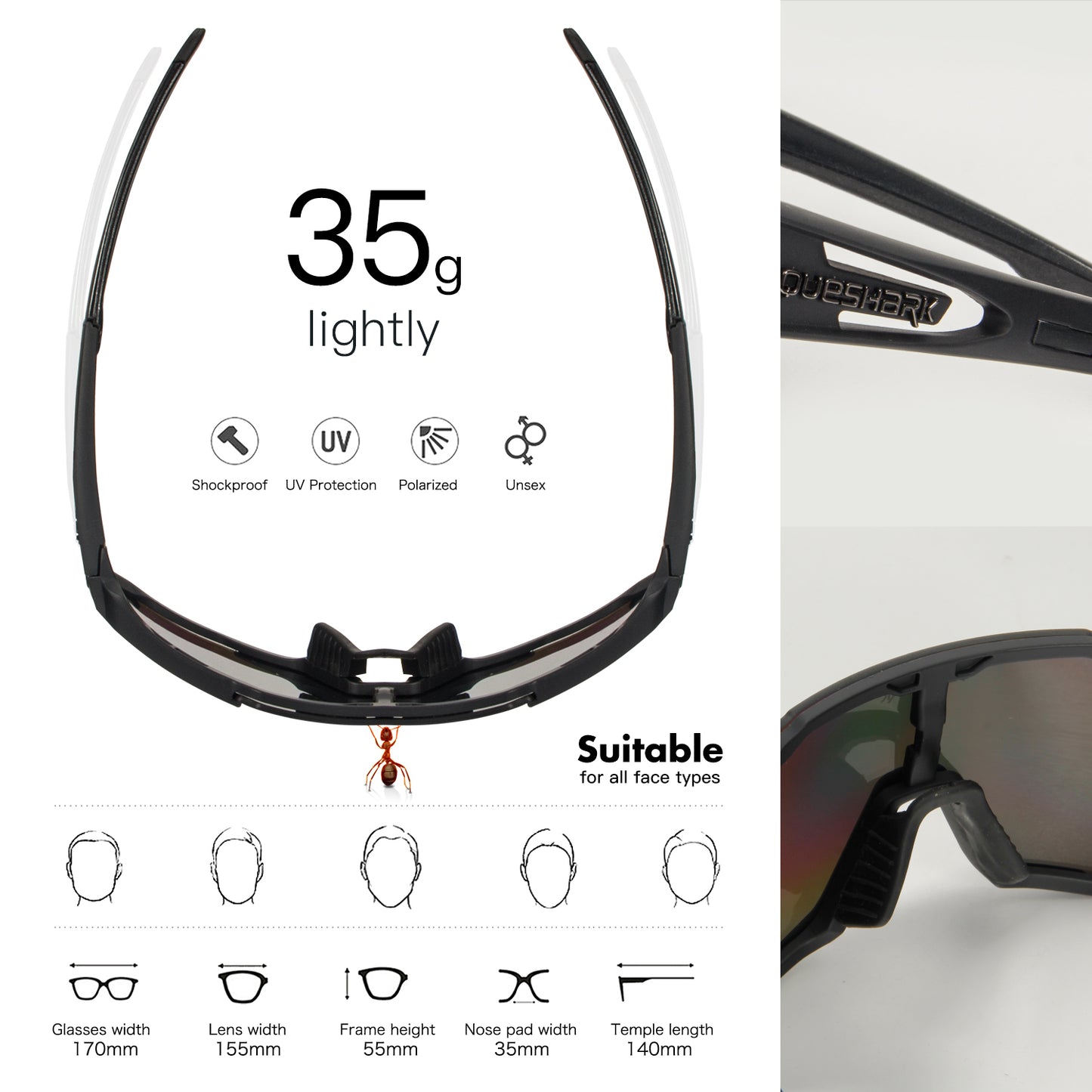 QE48 White Polarized Bike Sunglasses Bicycle Goggles Cycling Eyewear UV400 5 Lens/Set