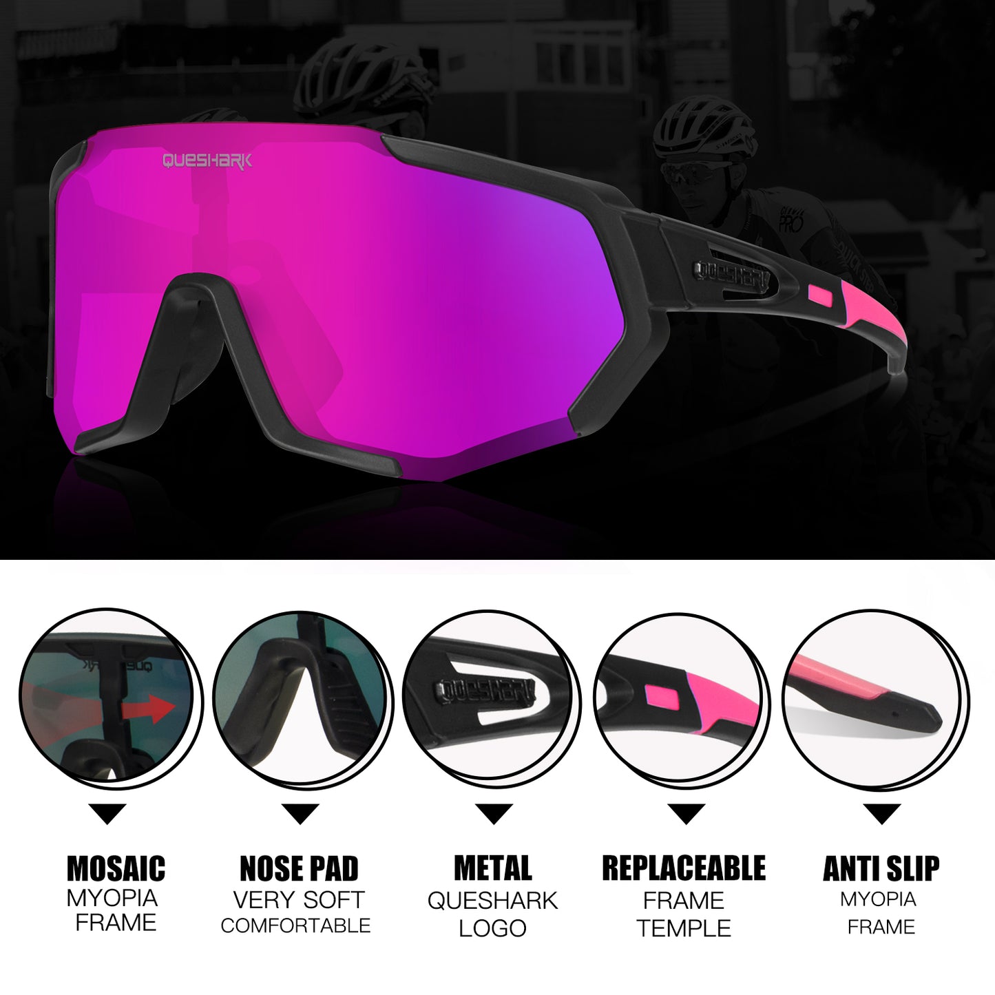 <transcy>QE48 noir rose lunettes polarisées vélo lunettes de soleil lunettes de vélo lunettes de cyclisme UV400 5 lentille/ensemble</transcy>