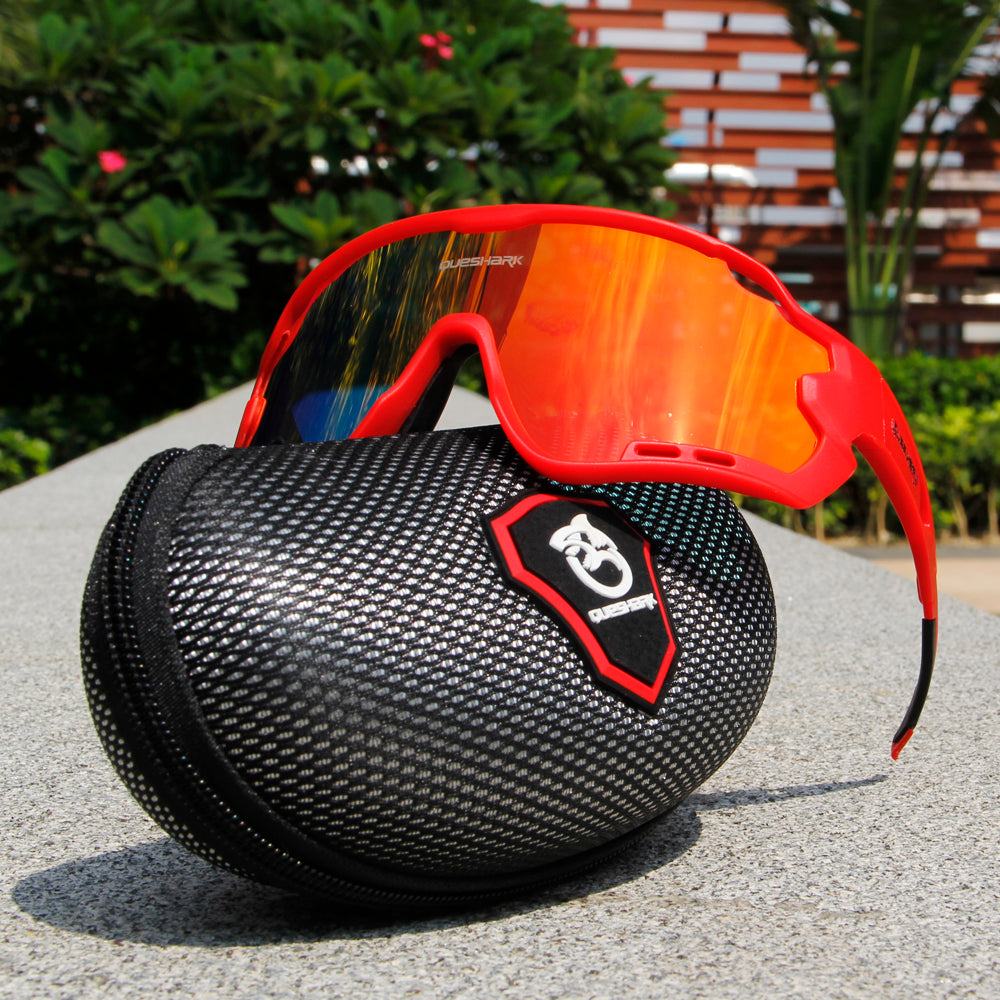 QE44 Red Polarized Cycling Sunglasses UV400 Bike Glasses Sport Eyewear for Men Women 4 Lens