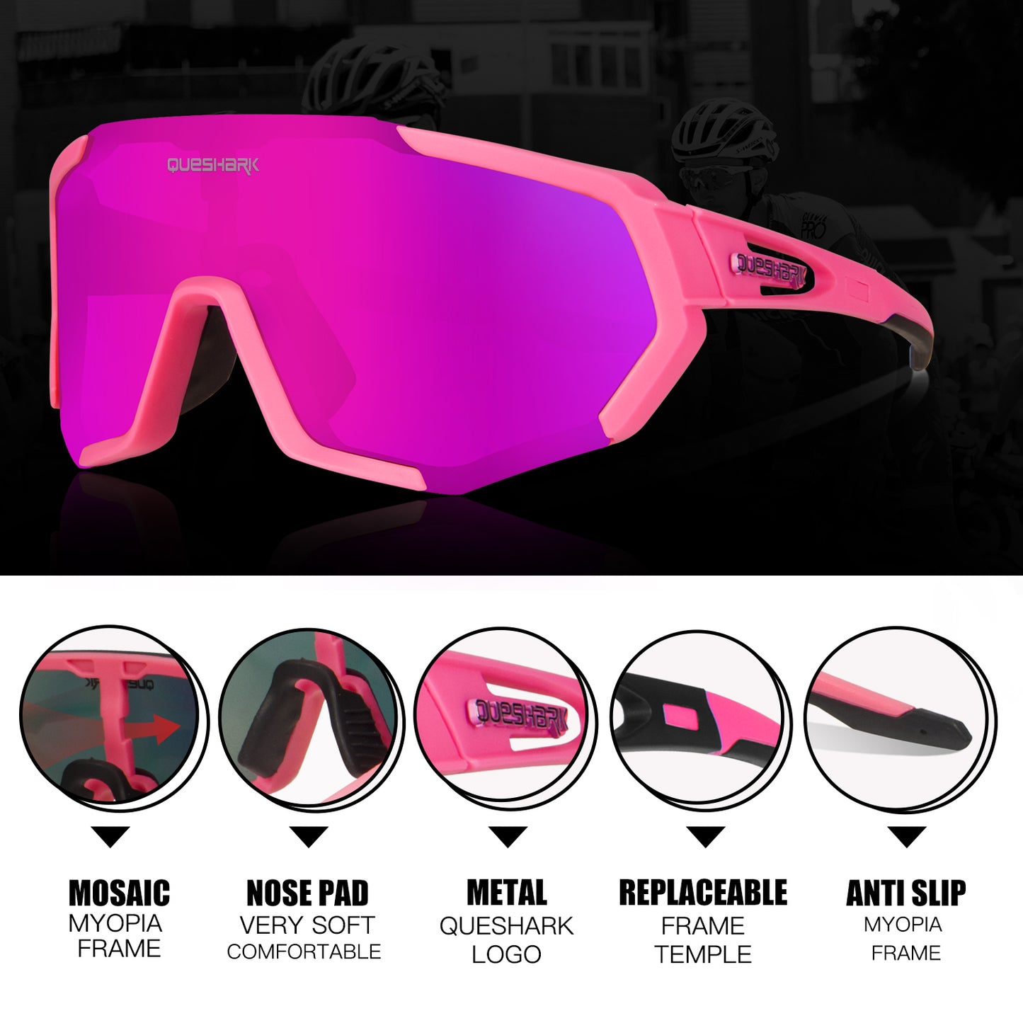 QE48 Pink Polarized Glasses Bike Sunglasses Bicycle Goggles Cycling Eyewear UV400 5 Lens/Set