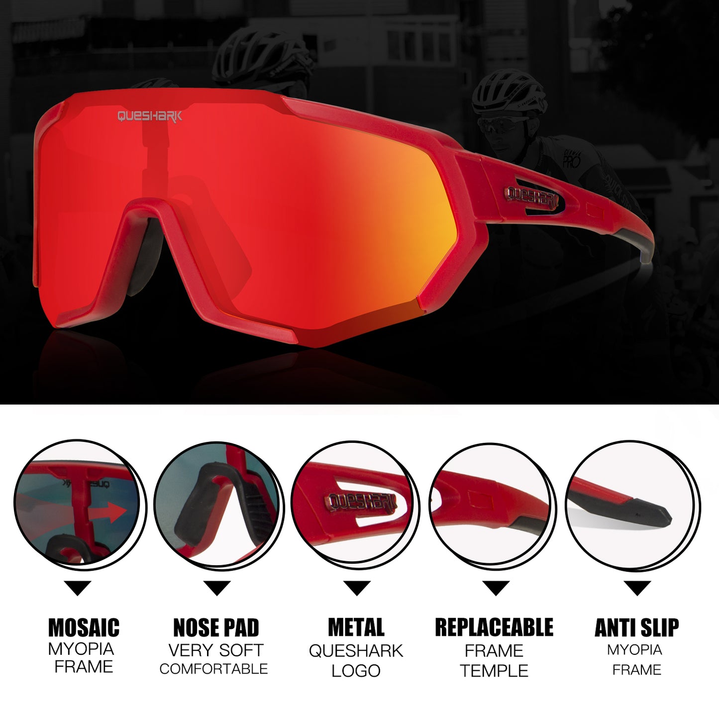 QE48 Red Polarized Glasses Bike Sunglasses Bicycle Goggles Cycling Eyewear UV400 5 Lens/Set