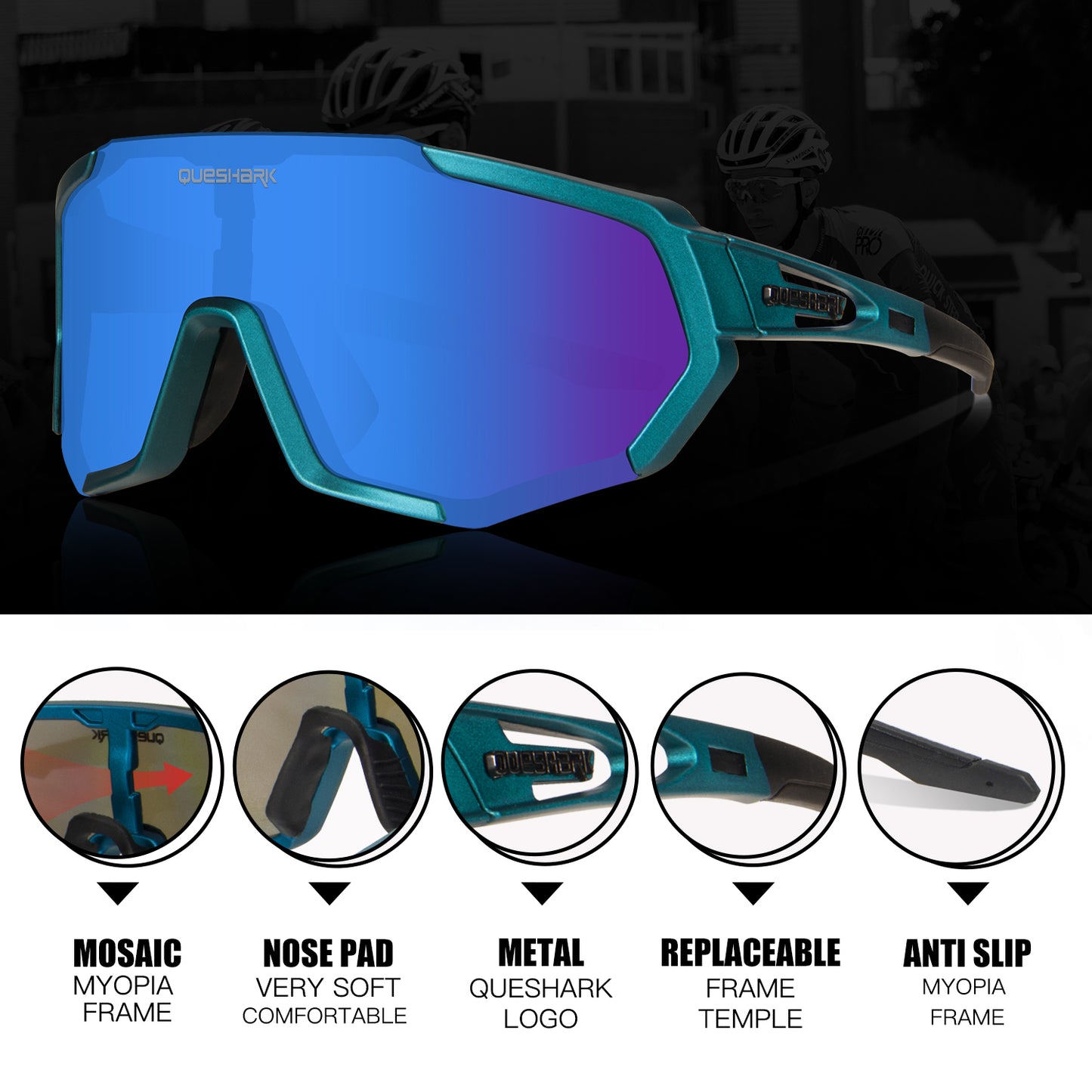 <transcy>QE48 lunettes polarisées bleu mat lunettes de soleil de vélo lunettes de vélo lunettes de cyclisme UV400 5 lentille/ensemble</transcy>