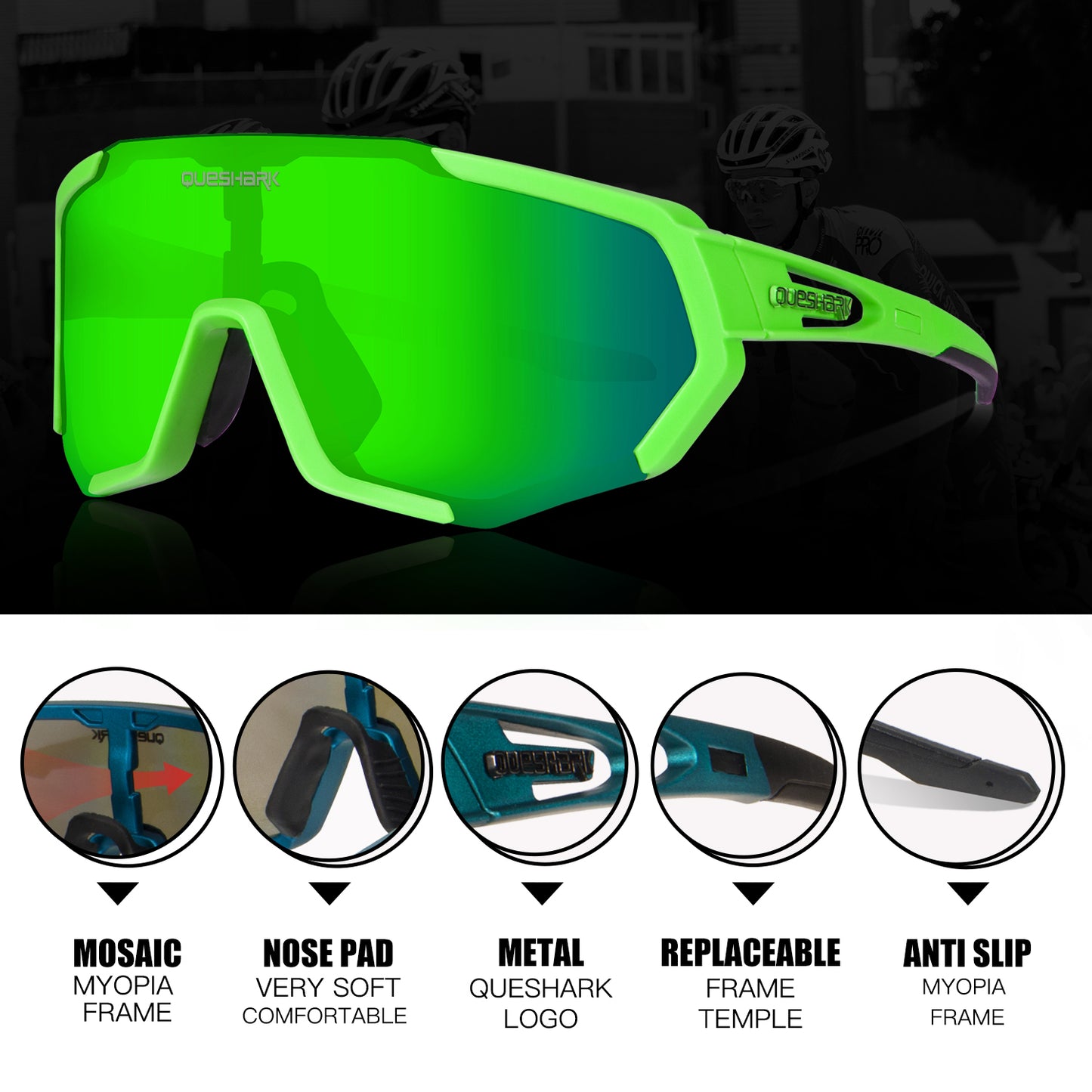 <transcy>QE48 Gafas polarizadas verdes Gafas de sol para bicicleta Gafas para bicicleta Gafas para ciclismo UV400 5 lentes / juego</transcy>