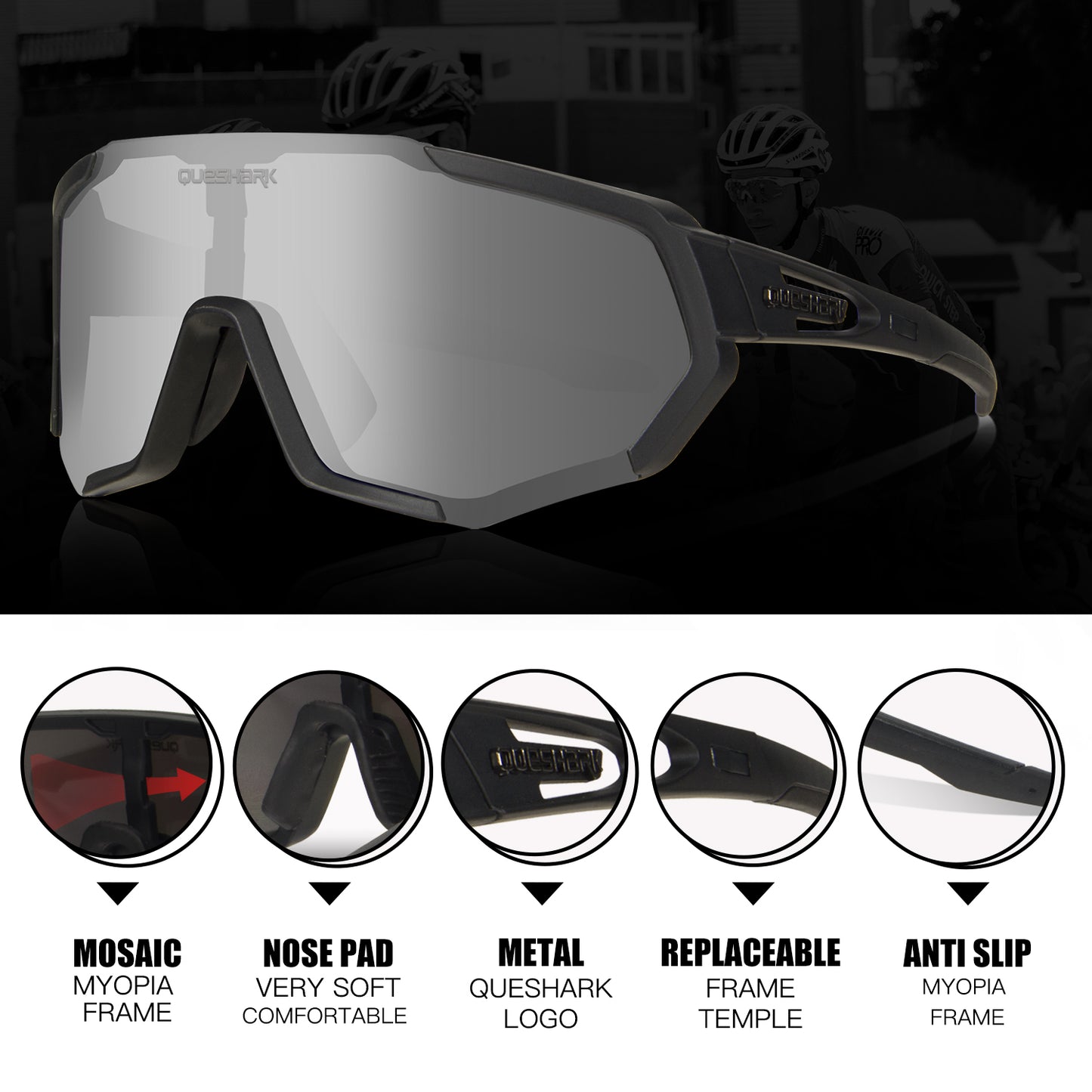 QE48 Occhiali da sole polarizzati neri Occhiali da sole da bici Occhiali da bicicletta Occhiali da ciclismo Occhiali UV400 5 lenti/set