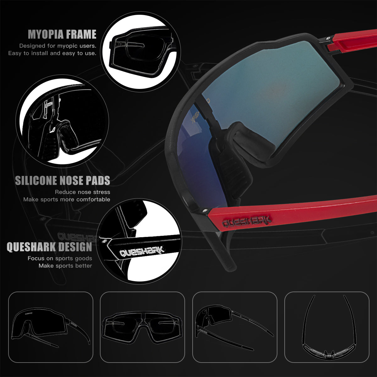 <transcy>QE54 Negro Rojo Gafas deportivas Gafas de sol polarizadas para bicicleta Gafas de ciclismo 3 lentes / juego</transcy>