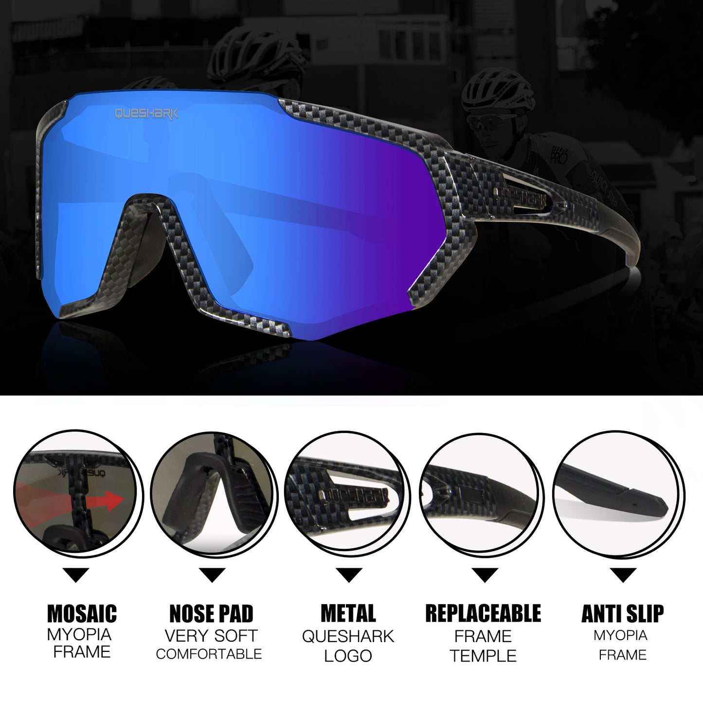 <transcy>QE48 fibre de carbone noir lunettes polarisées vélo lunettes de soleil lunettes de vélo lunettes de cyclisme UV400 5 lentille/ensemble</transcy>