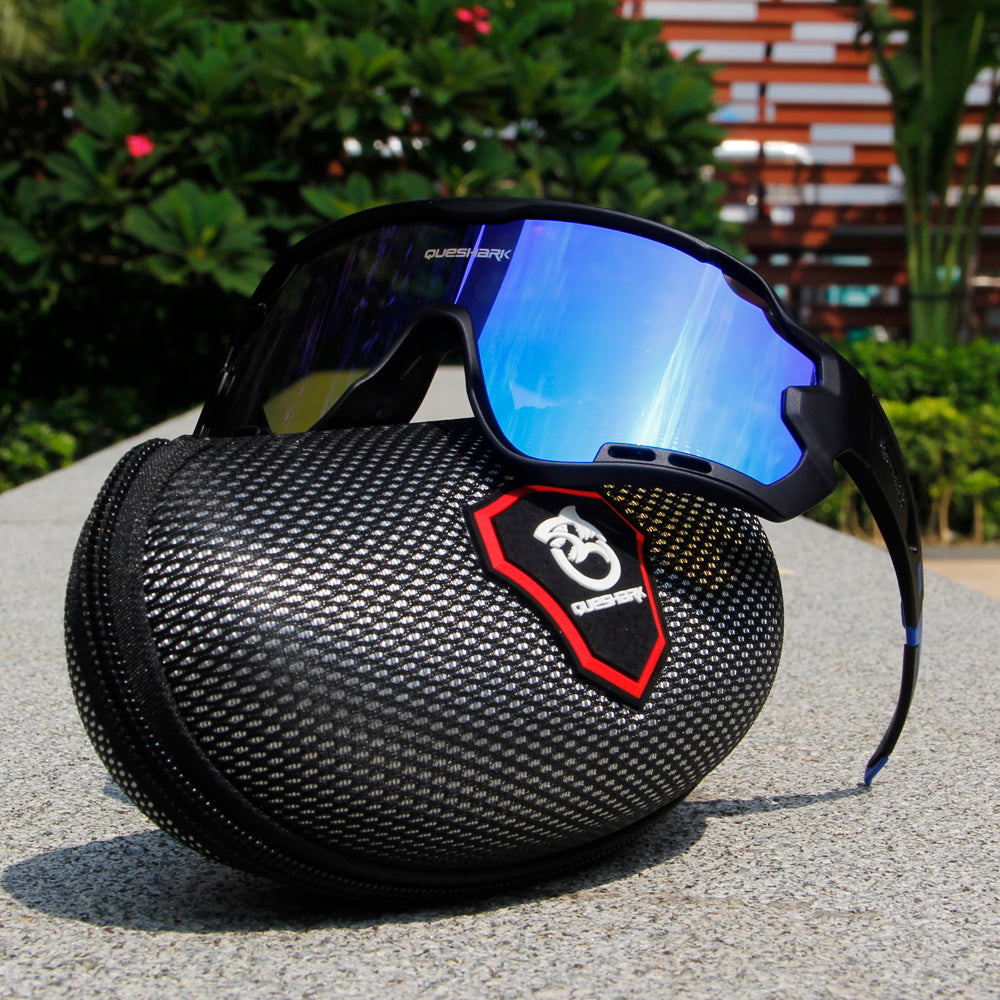 QE44 Black Blue Polarized Cycling Sunglasses UV400 Bike Glasses Sport Eyewear for Men Women 4 Lens