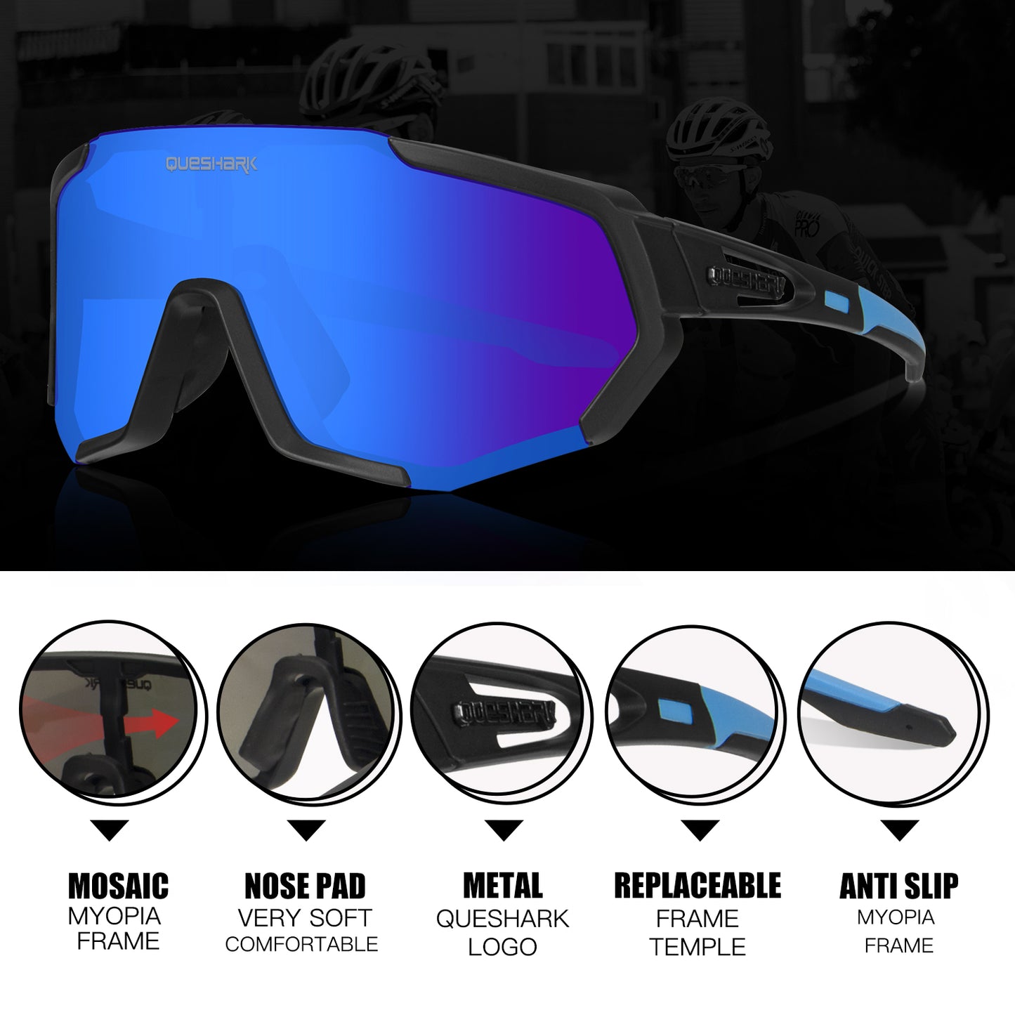 <transcy>QE48 Gafas de sol de bicicleta polarizadas negras y azules Gafas de bicicleta Gafas de ciclismo UV400 5 lentes / juego</transcy>