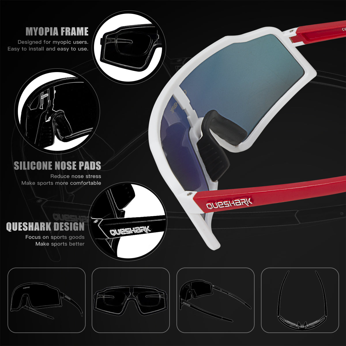 QE54 White Sports Glasses Polarized Bicycle Sunglasses Cycling Eyewear 3 Lens/Set