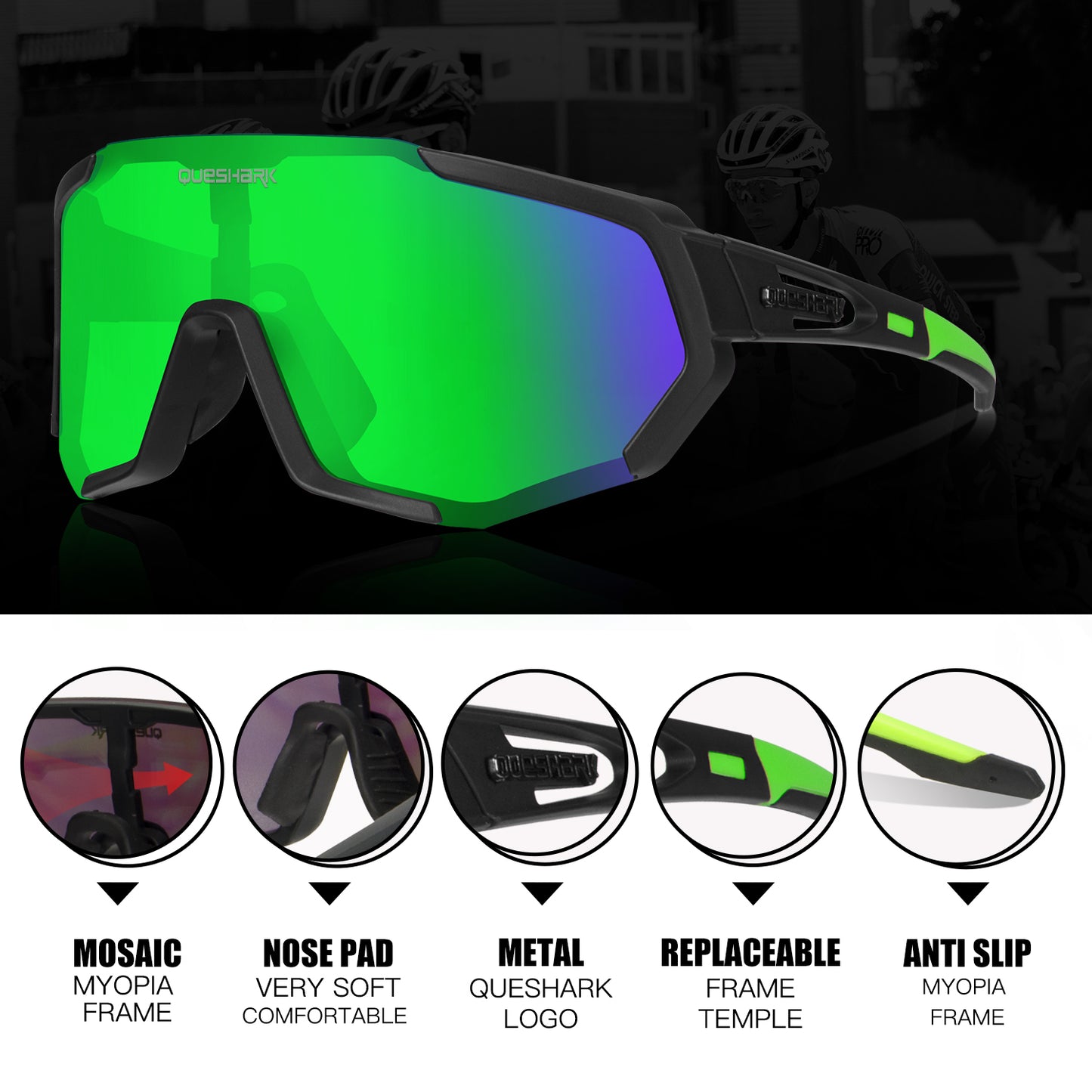 QE48 Black Green Polarized Glasses Bike Sunglasses Bicycle Goggles Cycling Eyewear UV400 5 Lens/Set