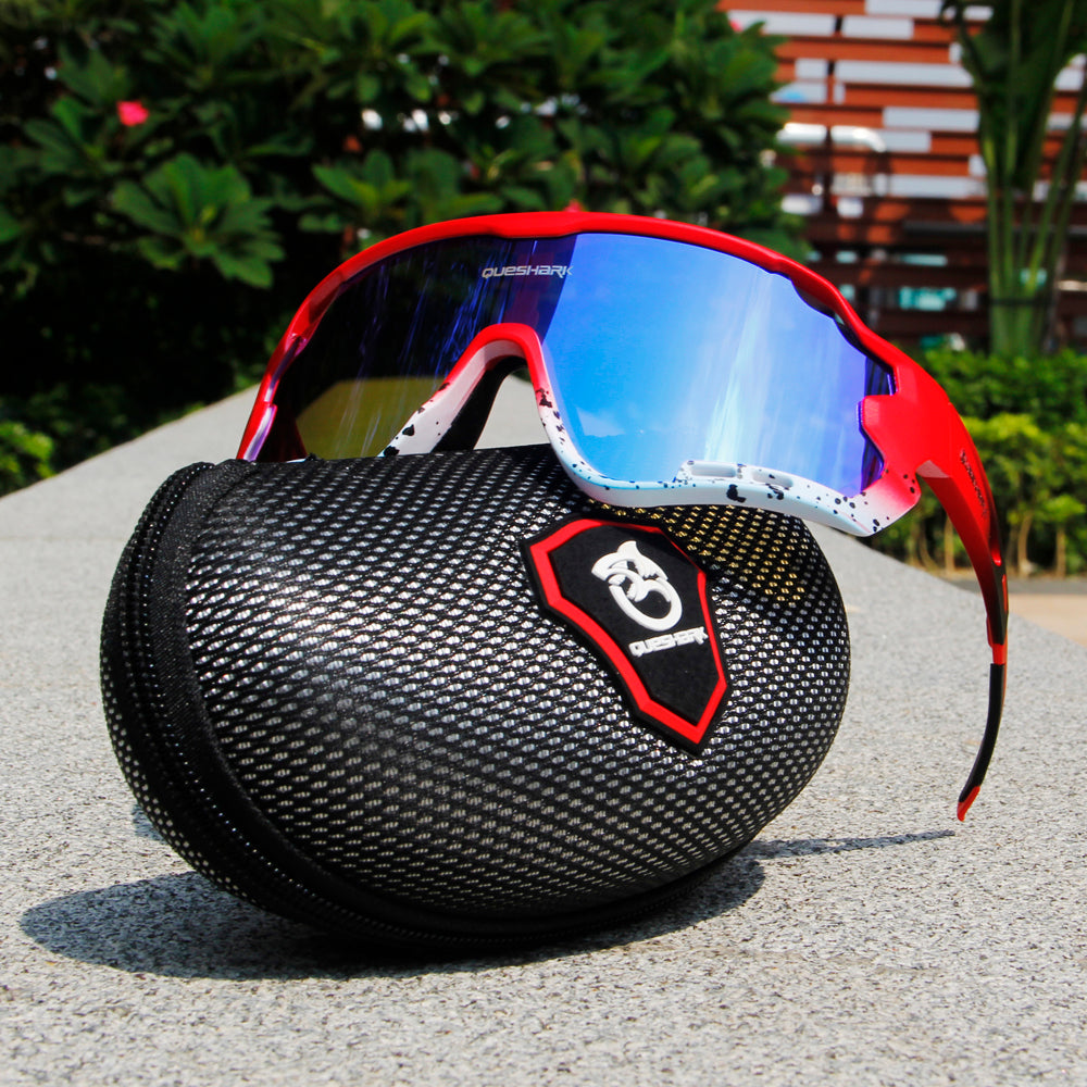 QE44 Red Blue Polarized Cycling Sunglasses UV400 Bike Glasses Sport Eyewear for Men Women 4 Lens
