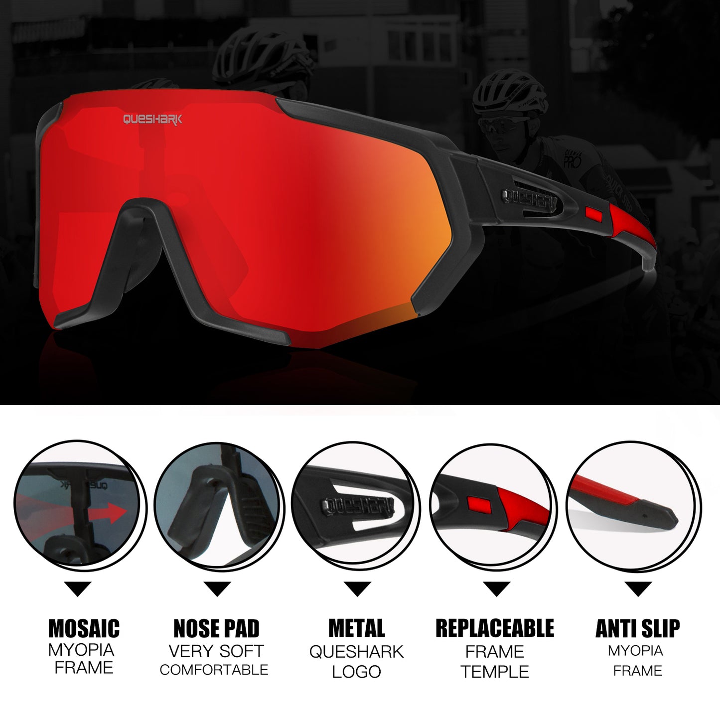 <transcy>QE48 Preto Vermelho Óculos Polarizados Óculos de Sol para Bicicleta Óculos de Bicicleta Óculos de Ciclismo UV400 5 Lentes / Conjunto</transcy>