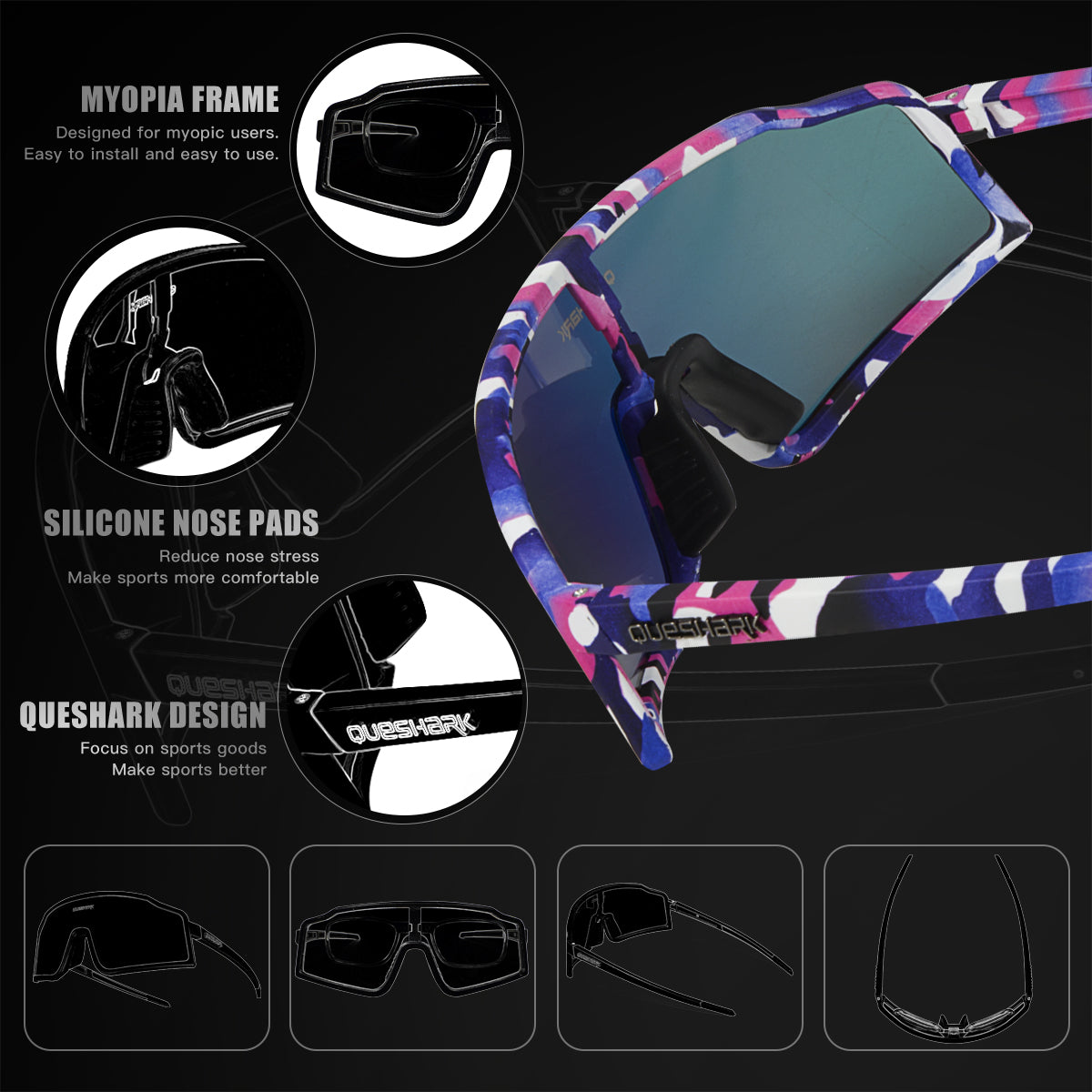 <transcy>QE54 Óculos esportivos coloridos rosa óculos polarizados de bicicleta Óculos de ciclismo 3 lentes / conjunto</transcy>