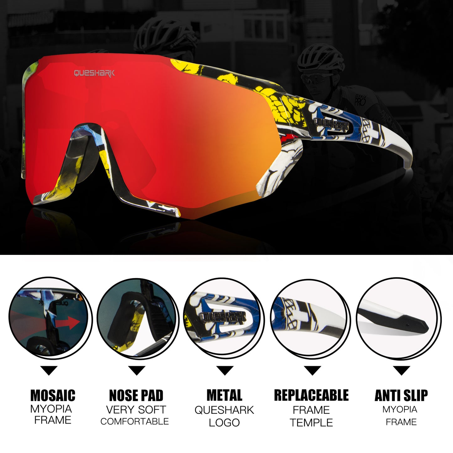 QE48 Colorful Red Polarized Glasses Bike Sunglasses Bicycle Goggles Cycling Eyewear UV400 5 Lens/Set