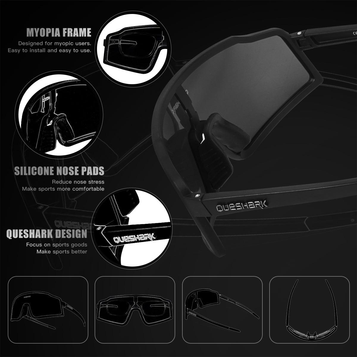 QE54 Black Sports Glasses Polarized Bicycle Sunglasses Cycling Eyewear 3 Lens/Set