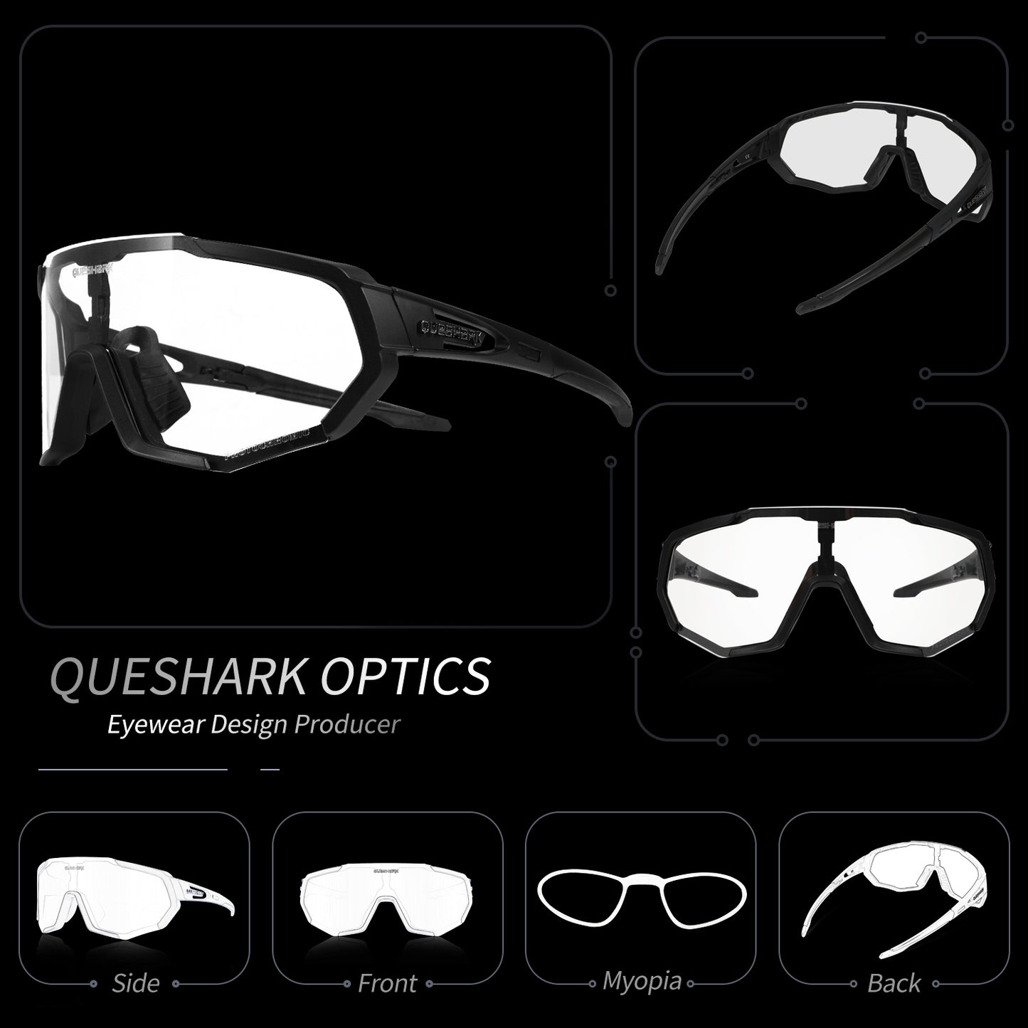 Óculos de sol fotocromáticos QE48 BS Queshark para homens mulheres óculos de segurança para ciclismo proteção UV esporte ao ar livre MTB preto