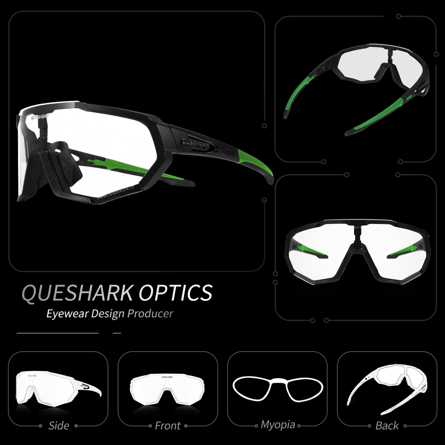QE48 BS Queshark Óculos de Sol Fotocromáticos para Homens Mulheres Óculos de Segurança para Ciclismo Proteção UV Esporte ao Ar Livre MTB Preto Verde
