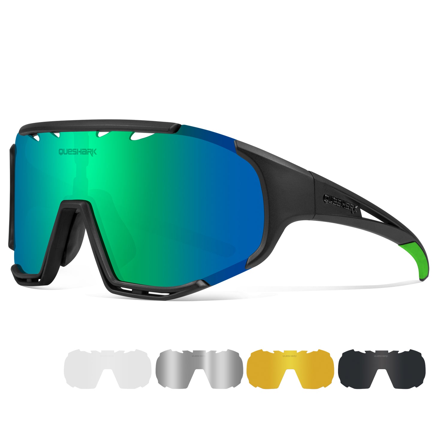 <transcy>Óculos de sol polarizados pretos verdes QE55 Óculos de ciclismo masculino e feminino Óculos de direção grandes com 5 lentes</transcy>