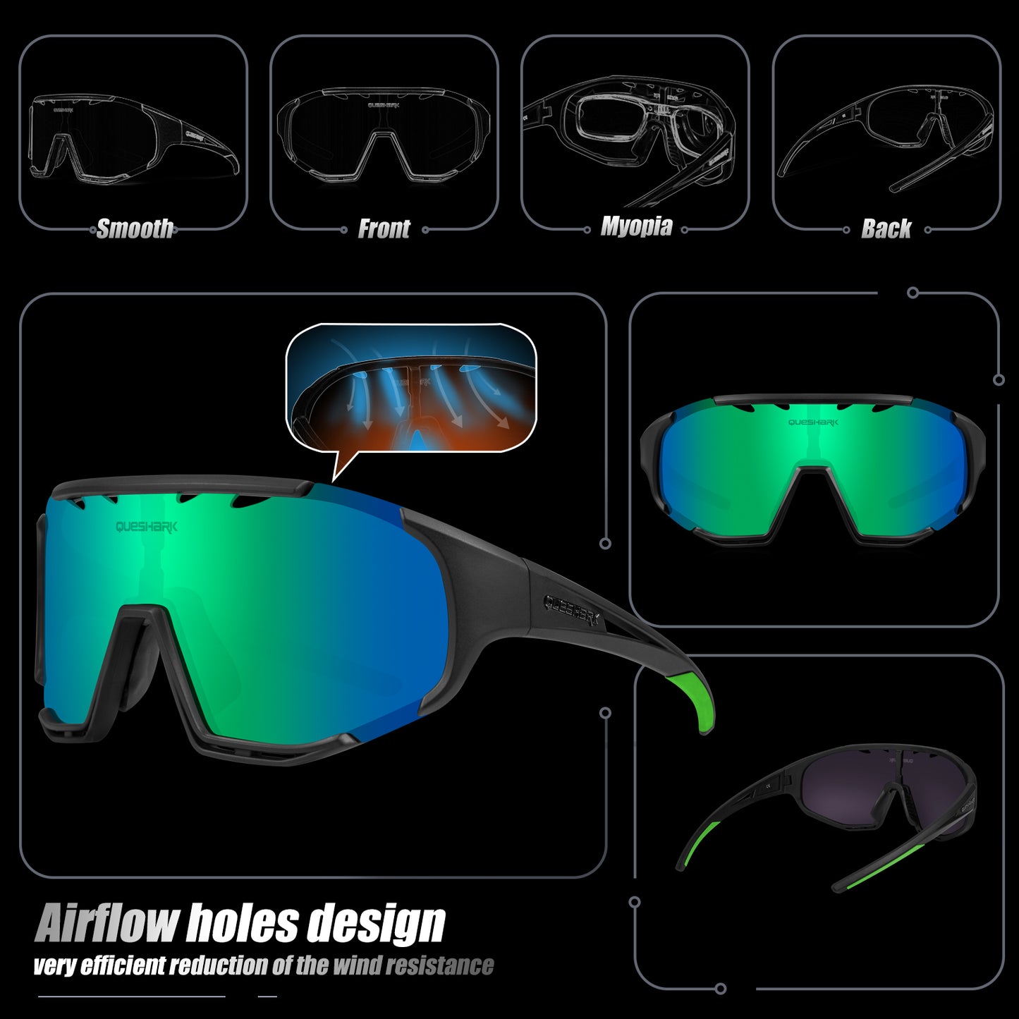 <transcy>QE55 Gafas de sol polarizadas negras y verdes Gafas de ciclismo Hombres Mujeres Gafas de conducción de gran tamaño con 5 lentes</transcy>