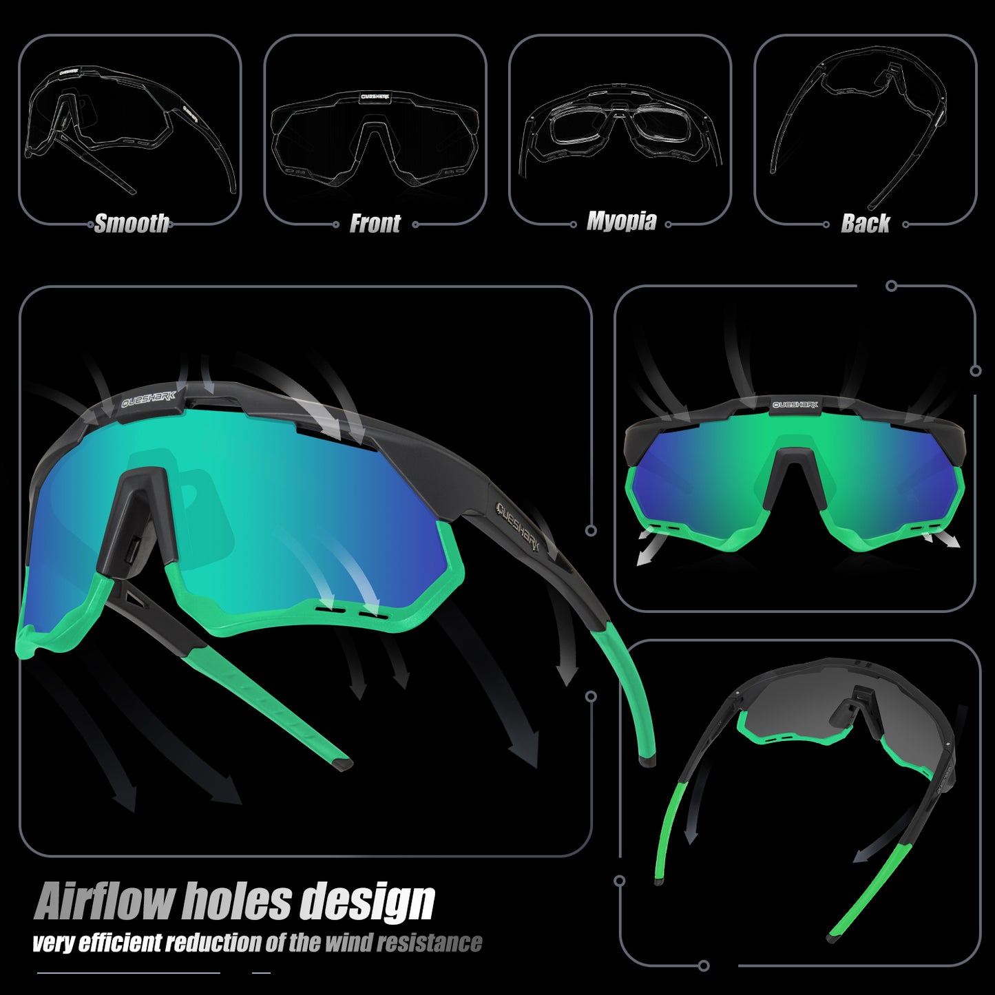 <transcy>QE52 ​​óculos polarizados pretos verdes para ciclismo, homens e mulheres, óculos de sol esportivos com armação / lente substituível</transcy>